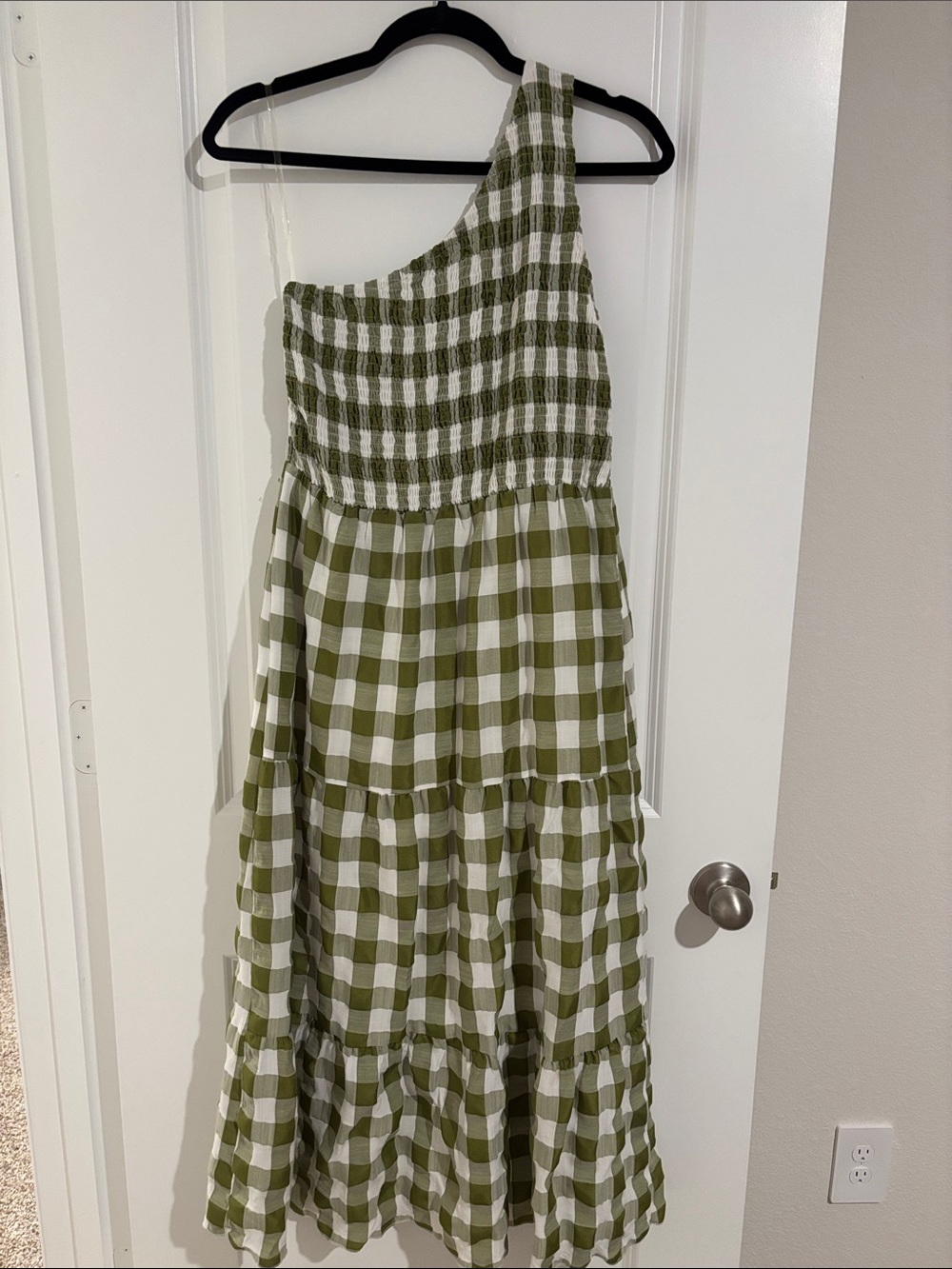 Olive Green Gingham One-Shoulder Kids Dress